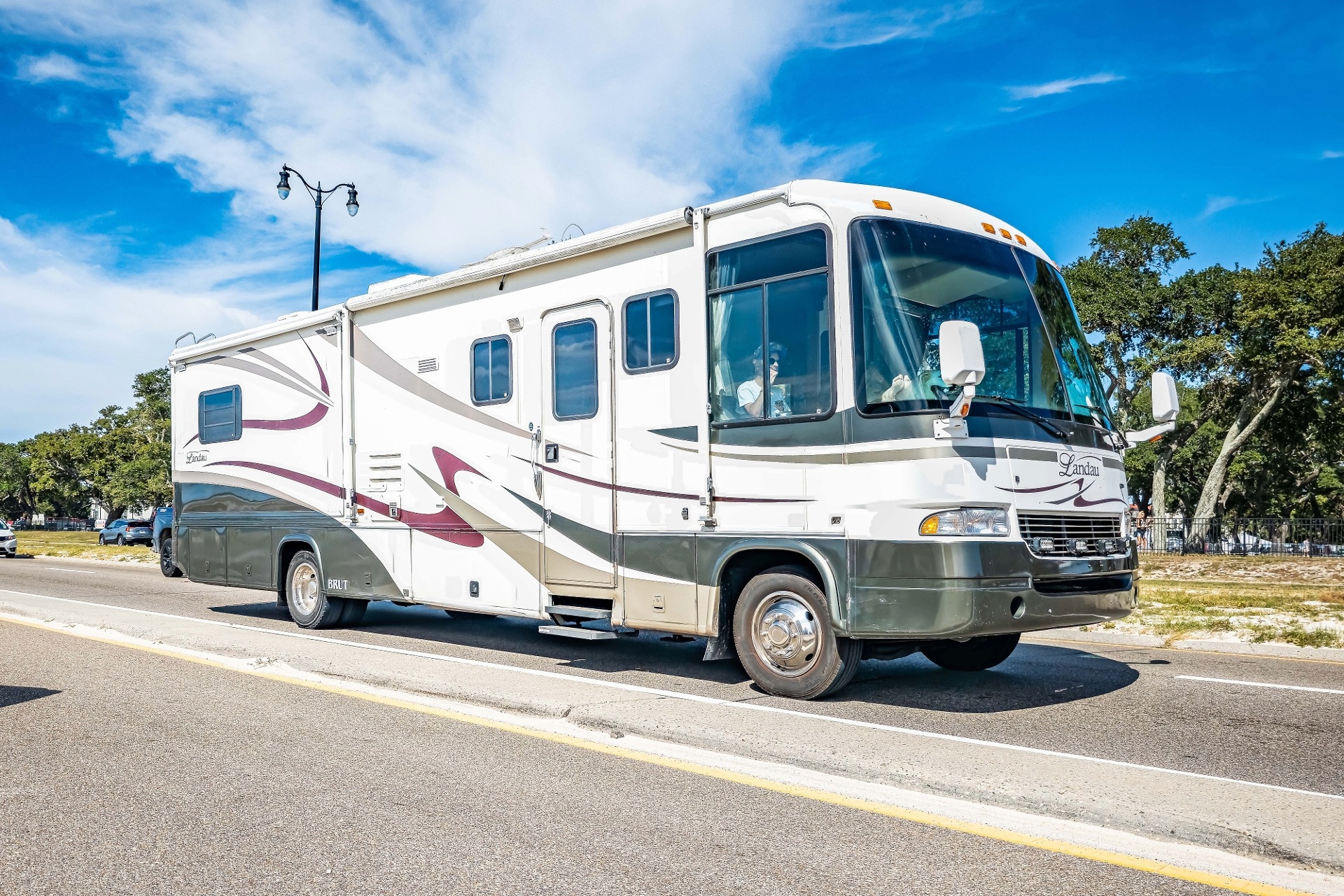 An RV driving on the road.